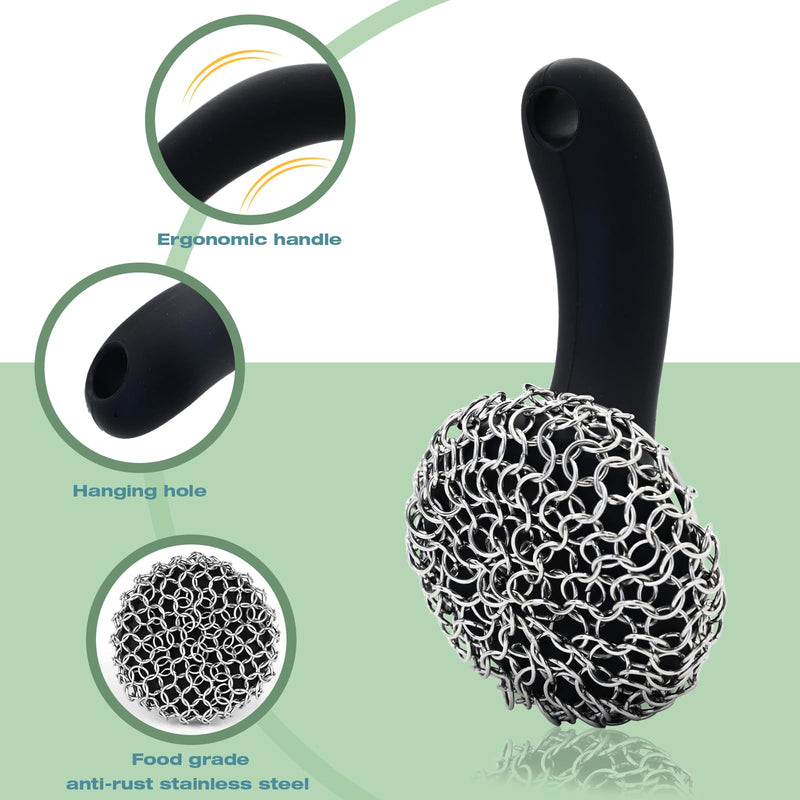 [Australia] - Cast Iron Scrubber with Long Handle | 316 Cast Iron Cleaner Chainmail Scrubber for Cast Iron Pan Skillet Cleaner - Dish Scouring Pad Dishwasher Safe Cleaning Kit (Black, 1 Scrubber + 1 Scraper) Black, 1 Scrubber + 1 Scraper 