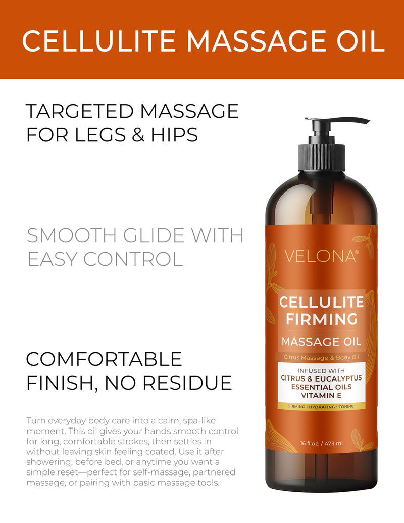 velona Cellulite Massage Oil – 16 Fl Oz | Vitamin E & Citrus Essential Oils | Massage Therapy for Legs & Body Oil | Moisturizing, Firming, Tightening, Smooth Skin | Professional Spa & Home Massage