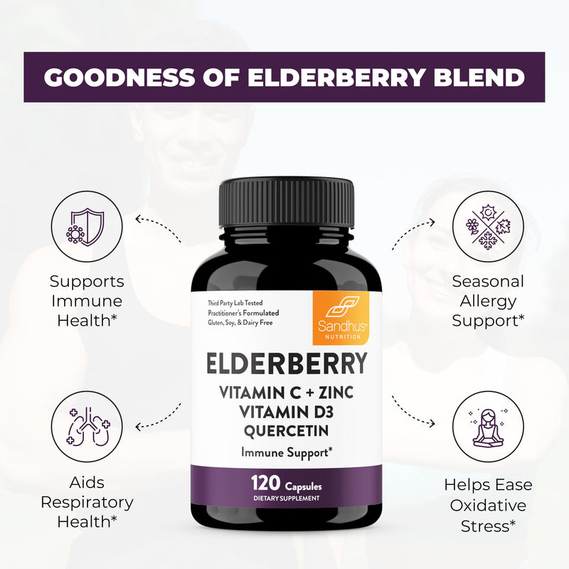 [Australia] - Sandhu's Elderberry Vitamin C and Zinc with Vitamin D3 & Quercetin | Supplement Capsules for Men & Women | Supports Immune Health | 120 Count (Pack of 1) 120 Count (Pack of 1) 