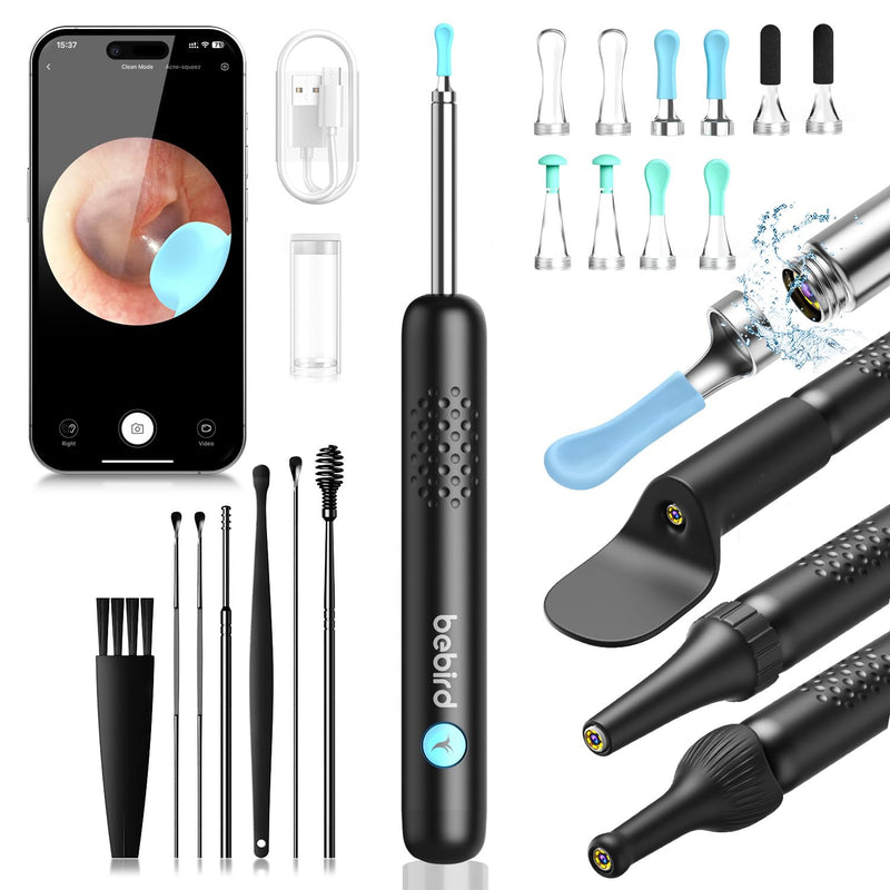 [Australia] - Earwax Remover Otoscope, 1080P HD WiFi Ear Cleaner Camera, 3.5mm Ear Camera with 6 LEDs, IP67 Waterproof Ear Mirror, 360° Wide Angle Otoscope Camera for Adults, Children, iOS, iPad, Android R1 Ultra Black 