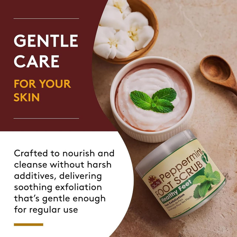 OKAY Peppermint Foot Scrub - Exfoliating Foot Scrub, Foot Exfoliator, Great for Cracked Heels, Pedicures, Dead Skin Remover, Exfoliant for Calluses, Moisturizer for Dry Skin - 6 Oz (Pack of 1) 6 Ounce (Pack of 1)