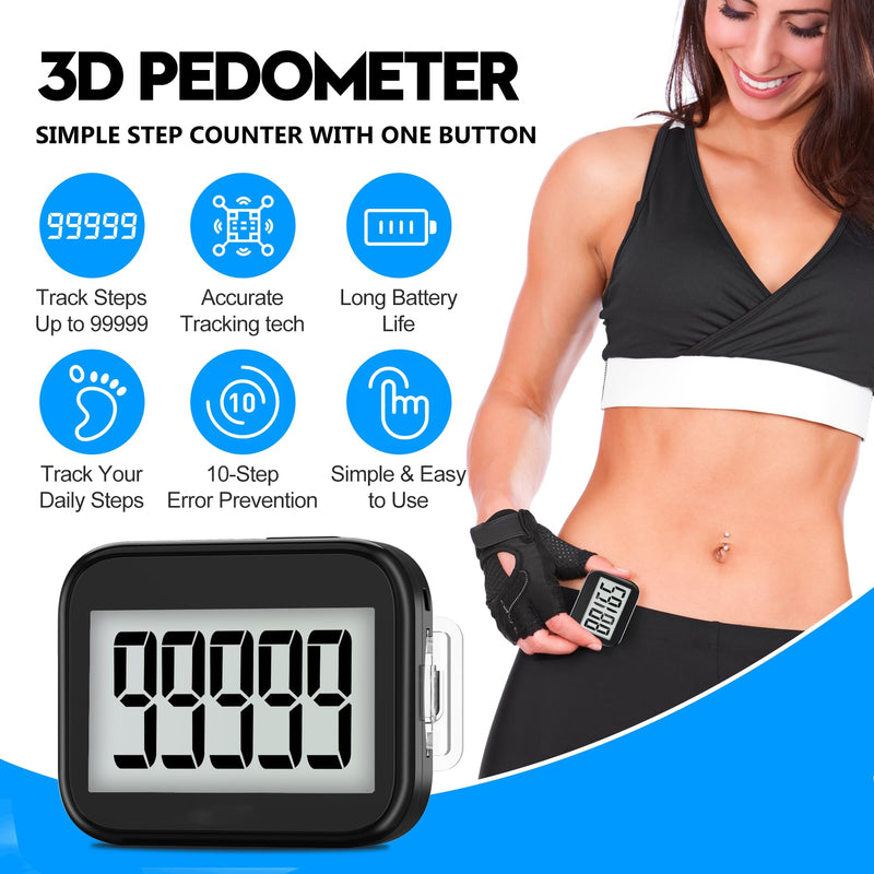 [Australia] - 3D Pedometer for Walking, Simple Step Counter with Removable Clip and Lanyard, Accurate Step Tracker with Large Display, Fitness Trackers for Men Women and Kids Black 