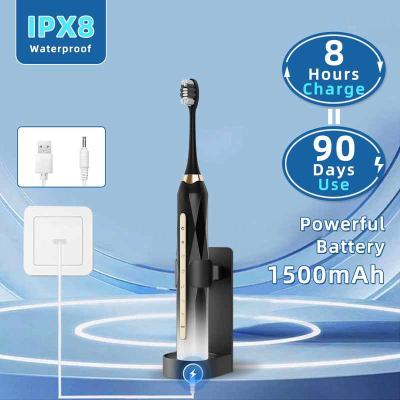 Adult Sonic Electric Toothbrush, USB Rechargeable Sonic Toothbrush, with 12 Brush Heads, 5 Modes, Equipped with Cleaning Brush, Brushing and Washing Two in one Black White