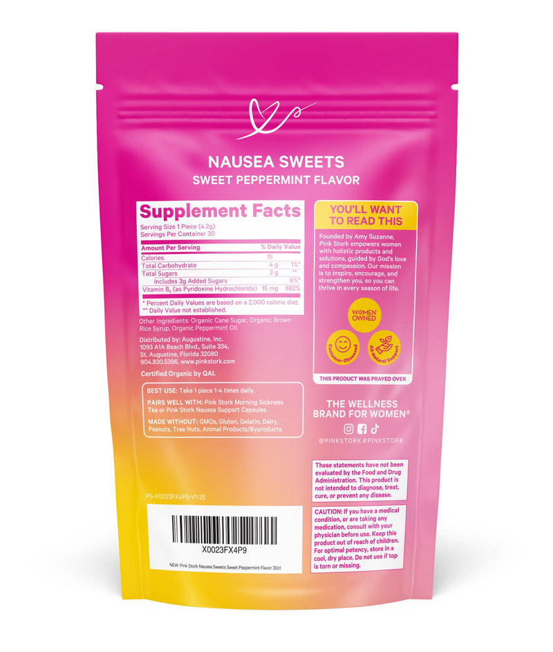 Pink Stork Organic Peppermint Sweets, Peppermint, 30 Candies | Morning Sickness Support, Motion Sickness Support, Added Vitamin B6, 1st Trimester Pregnancy Must Haves, Wrapped Mint