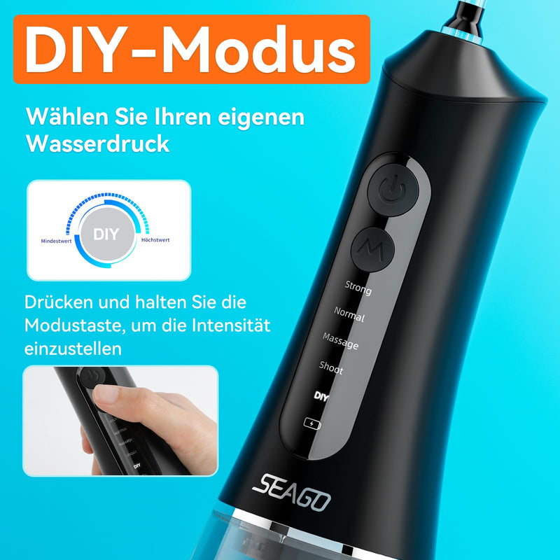 [Australia] - Oral Irrigator Wireless, SEAGO Portable Water Flosser Electric Tooth Cleaner 5 Modes & 7 Nozzles, 300ML Water Tank Interdental Space Cleaner Oral Irrigator Test Winner IPX7 Waterproof Dental Irrigator for Travel & Home Black 
