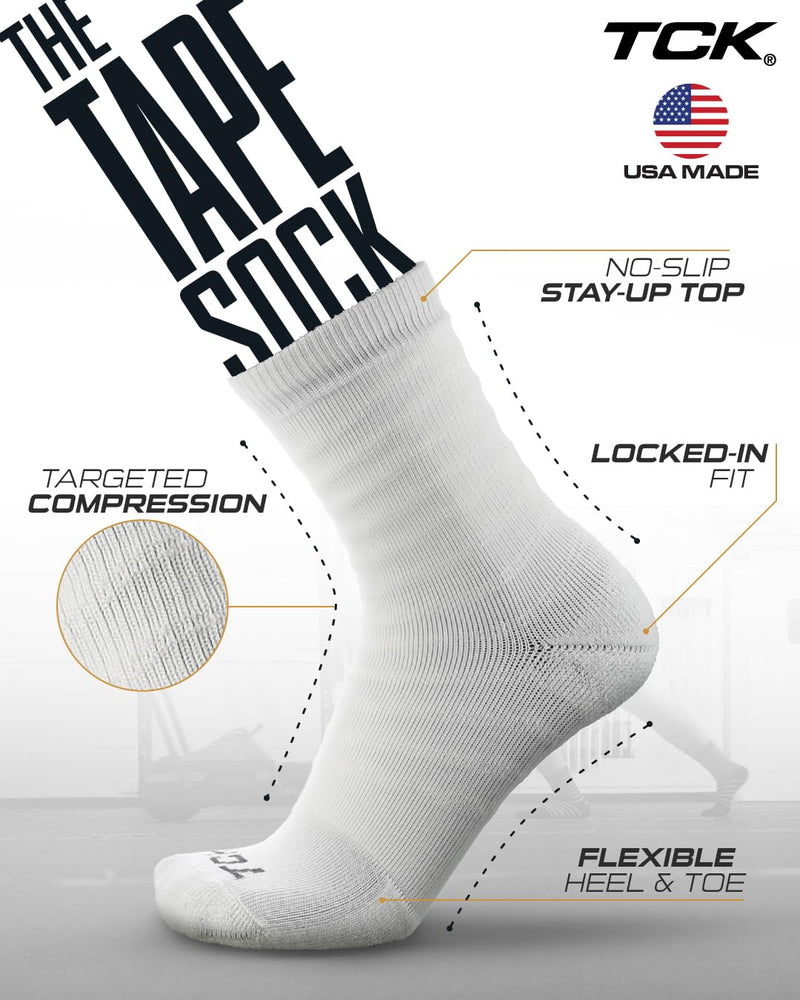 TCK Ankle Compression Socks Men's & Women's, Tape Sock Wrap Design, 20-30mmHg - Basketball, Football, Performance & Recovery Large White/White