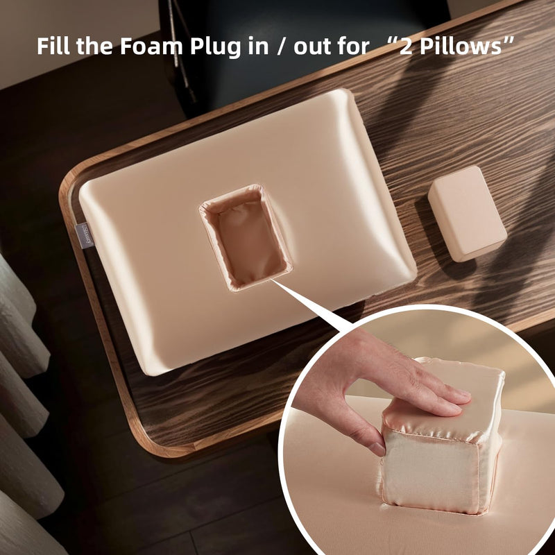 [Australia] - USlixury Piercing Pillow - Ear Piercing Pillow with Foam Plug, 4''H Mini Donut Plilow with 4.7x3.2 Off Center Ear Hole, CertiPUR-US Memory Foam Hole Plilow for Side Sleeper, Satin Cover, Champagne 16"*11"*4" 