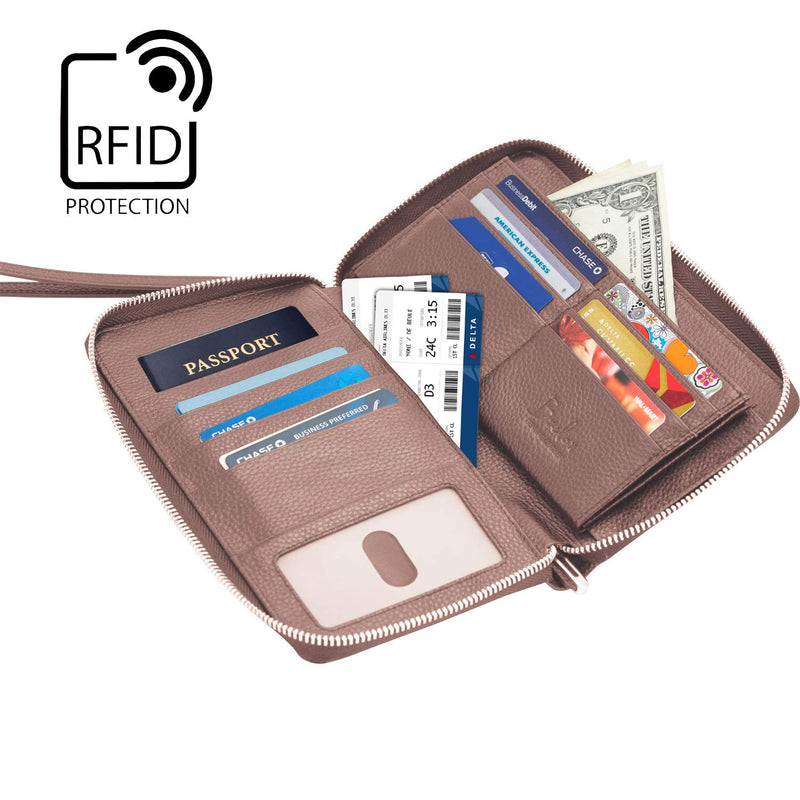 Family Passport Holder for 4, 5 & 6 Passports – Genuine Leather RFID Travel Wallet with Wristlet for Cards, Cash & IDs, Perfect Travel Gift for Women Men | BRELOX Dusty Blush Pink