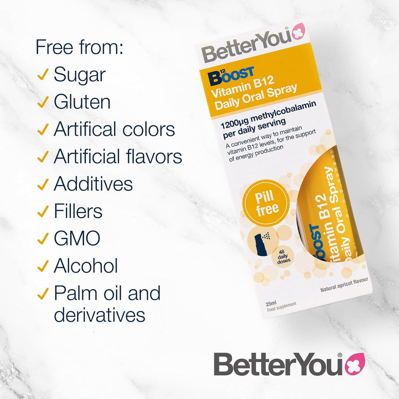 BetterYou Boost Vitamin B12 Daily Oral Spray Vitamin Spray Supplement for Energy Boost 1,200 IU Vitamin B12, Natural Apricot Flavour, Pack of 4, 25ml (192 Sprays)