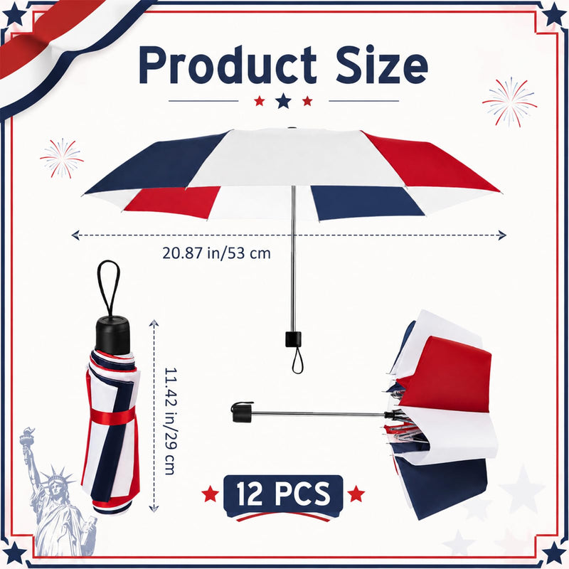 Patriotic Umbrella Bulk White Red Blue Folding Umbrella for 4th of July American Flag Patriotic Veterans Day Decorative Parasol for Men Women Camping Golf Outdoor Party 12