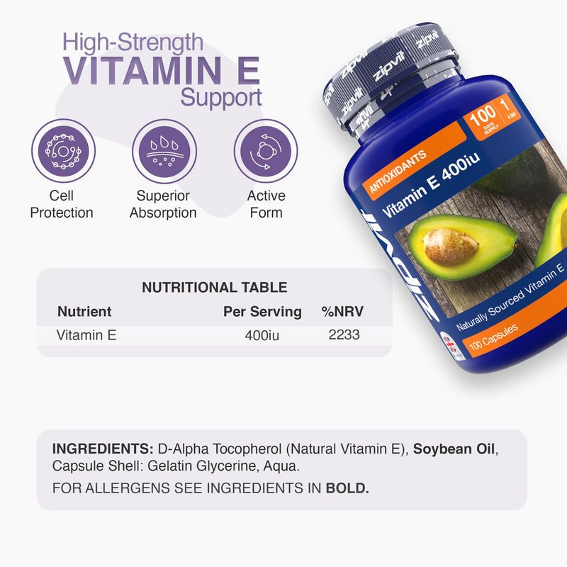 Zipvit Vitamin E Capsules 400IU, Natural D-Alpha Tocopherol, Supports Cell Protection from Oxidative Stress, 100 Capsules, Vitamin E Supplement
