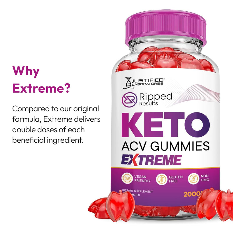 Justified Laboratories Ripped Results Keto ACV Gummies Extreme (2000 mg) - 60 Count, Pack of 2 - Formulated with Apple Cider Vinegar, Folate & Vitamin B12 - Non-GMO, Vegan, Gluten Free - 60 Servings 60 Count (Pack of 2)