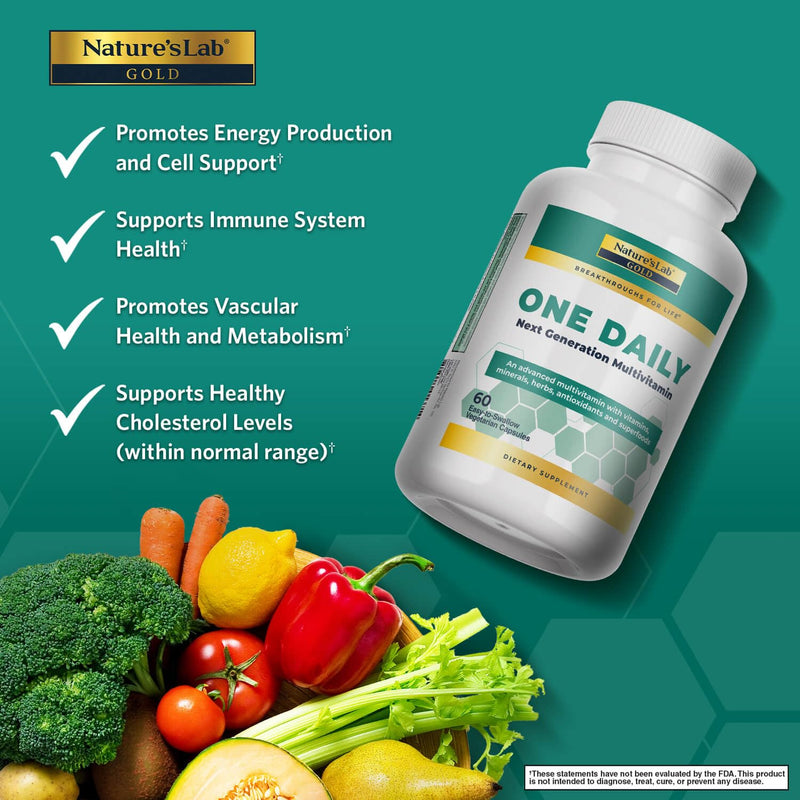 Nature's Lab Gold One Daily Multivitamin - Contains 19 Essential Vitamins & Minerals including Vitamin C, D3 & Zinc - 60 Capsules (2 Month Supply) 60 Count (Pack of 1)