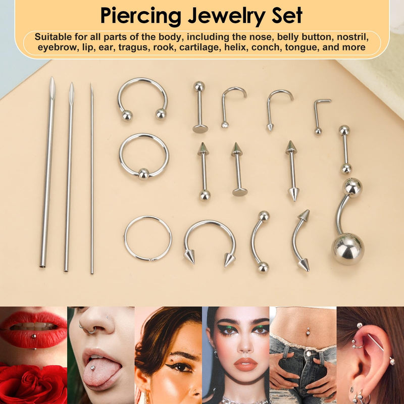 [Australia] - 104PCS Body Septum Piercing Kit with 14G/16G/20G Piercing Needles Piercing Jewelry and Tool Set for Ear Nose Belly Button Nipple Lip Cartilage Eyebrow Tongue Navel Piercing Kit for All Piercings Silver 