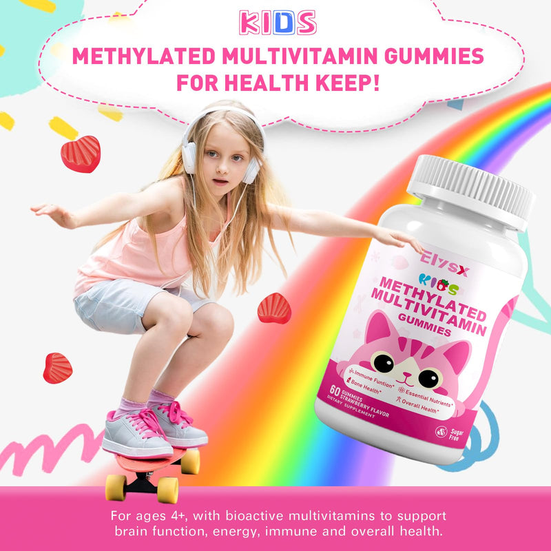 Kids Methylated Multivitamin Chewable Gummies, MTHFR Supplement with L Methylfolate, Magnesium, Biotin, Choline, Inositol, DHA, TMG & Coq 10, Immune & Brain Support, Strawberry Flavor, 120 Ct 60 Count (Pack of 2)