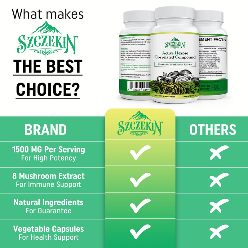 [Australia] - Active Hexose Correlated Compound 1500 mg Supplement, Natural 8 Mushroom Extract Supplement, Immune System, Liver Function, Natural Killer and T Cells Activity, 90 Veggie Capsules 90 Count (Pack of 1) 
