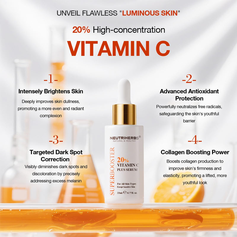 NEUTRIHERBS 20% Vitamin C Serum, Antioxidant Even Skin Tone-0.77 Fl Oz | Brighten & Anti-Aging & Boost Collagen, Revive Glow Dullness Uneven Skin, Nature Lightweight Skincare for Women and Men