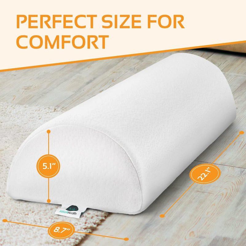 [Australia] - AllSett Health Large Half Moon Bolster Pillow for Legs, Knees, Lower Back and Head, Lumbar Support Pillow for Bed, Sleeping | Semi Roll for Ankle and Foot Comfort - Machine Washable Cover, White White - 1 Pack 