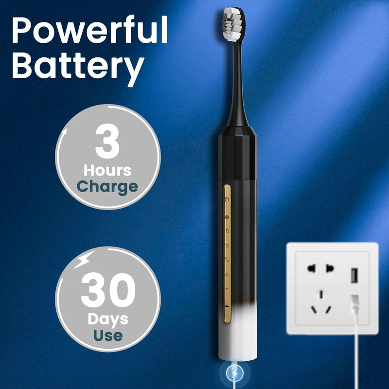 Sonic Electric Toothbrush with 10 Brush Heads for Adults and Children, Up to 30 Days on a Single Charge,5 Modes,Built-in 2-Minute Smart Timer, IPX8 Waterproof Electric Toothbrush (Black White) Black-white