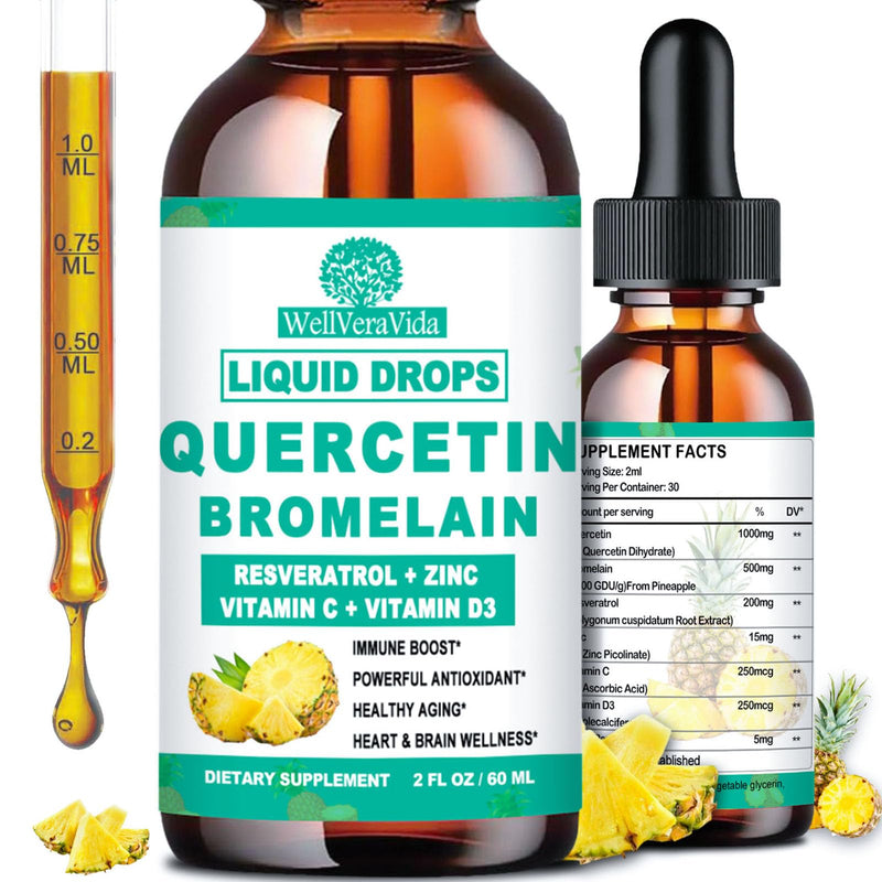 [Australia] - Quercetin with Bromelain Liquid Drops, 4X Stronger Than Capsules & Pills, 7-in-1 Organic Zinc Quercetin 1000mg with Bromelain 500mg Vitamin C D3 Immune Support for Respiratory Health & Antioxidant Pineapple 2 Fl/Oz (Pack of 1) 