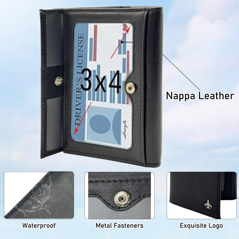 Pilot Wallet Passport Holder RFID Blocking Nappa Leather Travel Wallet, Stylish Travel Companion for Aviation Professionals (Black) Black