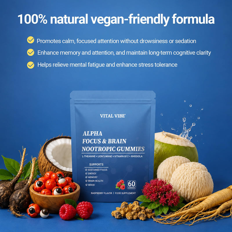 Alpha Focus & Brain Nootropic Gummies with L-Theanine, Lion's Mane (Fruiting Body), Vitamin B12 & Rhodiola, Support Energy, Memory & Mental Performance, Raspberry Flavour, 60 Gummies