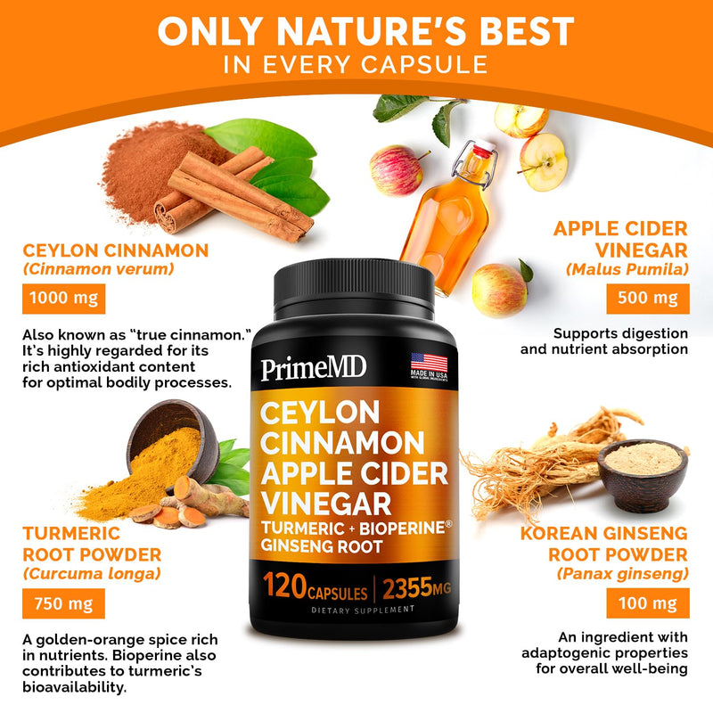 [Australia] - 5-in-1 Ceylon Cinnamon Capsules 2355mg - Ceylon Cinnamon and Apple Cider Vinegar Capsules - Turmeric and Panax Ginseng Capsules - Cinnamon Supplements with Bioperine 120 Count (Pack of 1) 