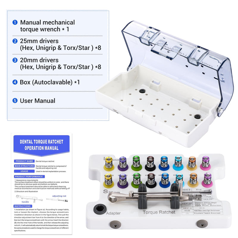 [Australia] - 4E 4E'S USA Dental Implant Torque Wrench Set: Universal Prosthetic Kit with Torque Adjustable Ratchet & Screwdrivers 16pcs, 10-70Ncm, Fully Autoclavable 