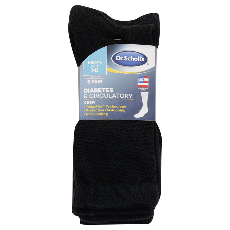 [Australia] - Dr. Scholl's Men's Diabetes & Circulator Socks-4 & 6 Pair Packs-Non-Binding Moisture Management 7-12 Black - Crew (6 Pairs) 