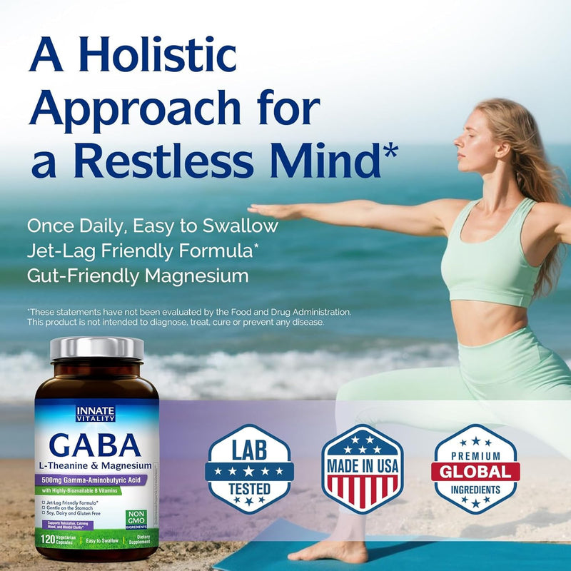 Innate Vitality GABA Supplements, L-Theanine, Magnesium Glycinate, B Complex, Vitamin B6, Vegan, Non-GMO, for Calm, Focus, Relaxation, 120 Capsules