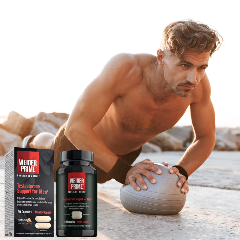 Weider Prime Testosterone Support for Men, Ashwagandha Extract (KSM-66) Supports Energy, Lean Muscle, Mental Focus, Vitality, 60 Capsules