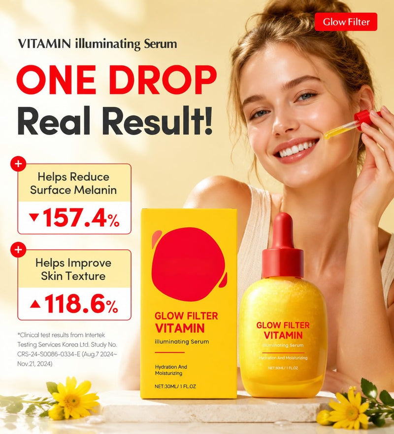 2PCS Glow Filter Vitamin Illuminating Serum | Hydration & Moisturizing Face Serum | Brightening Vitamin C & Hyaluronic Acid for Radiant Glow | Dark Spot & Uneven Tone Care, 1 Fl.Oz (30ml)