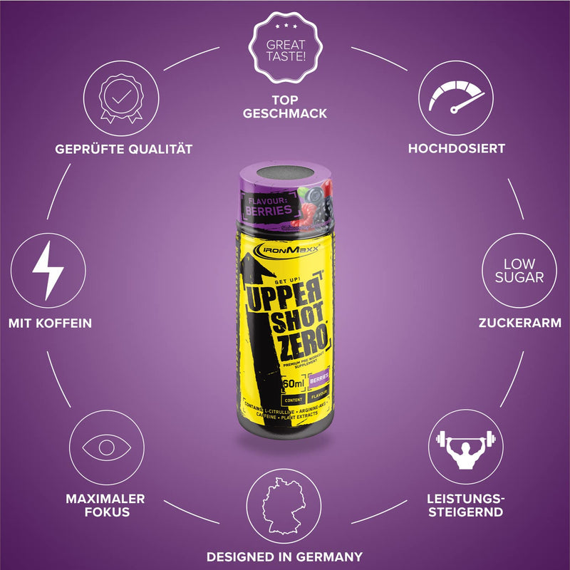 [Australia] - IronMaxx Upper Shot Zero - Wildberries 12x60ml | Pre-workout shot with, among other things, L-arginine, L-citrulline malate, taurine and caffeine | Sugar-free and in many flavors 60 ml (pack of 1) 