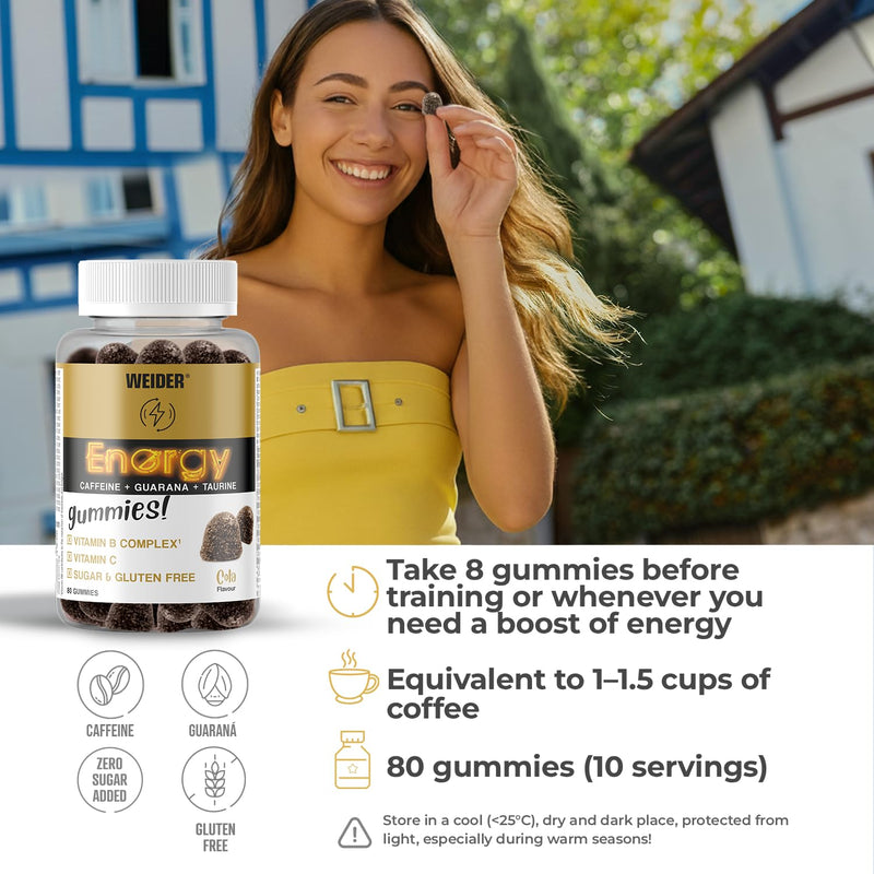Weider Energy Caffeine Gummies (80 Gums) Cola Flavour. Caffeine Gummies with Guarana, Taurine, Vitamin B and C. Sugar Free. Allergen Free. (10 Servings) ENERGY CAFFEINE 80 GUMS