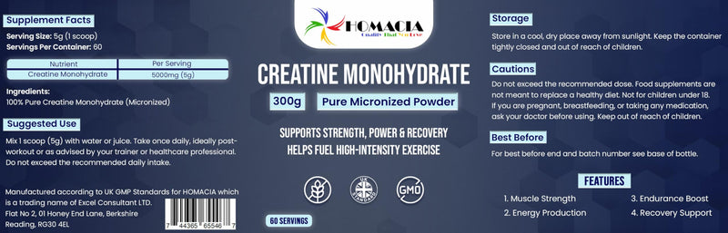 Homacia | Creatine Monohydrate Micronized Powder | Supports Muscle Growth, Strength, Recovery & Energy | 100% Pure Unflavoured Creatine 5g Scoop | 300g | UK Made 300 Grams