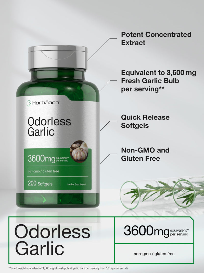 Horbäach Odorless Garlic Softgels | 200 Count | Ultra Potent Garlic Extract | Non-GMO & Gluten Free Pills