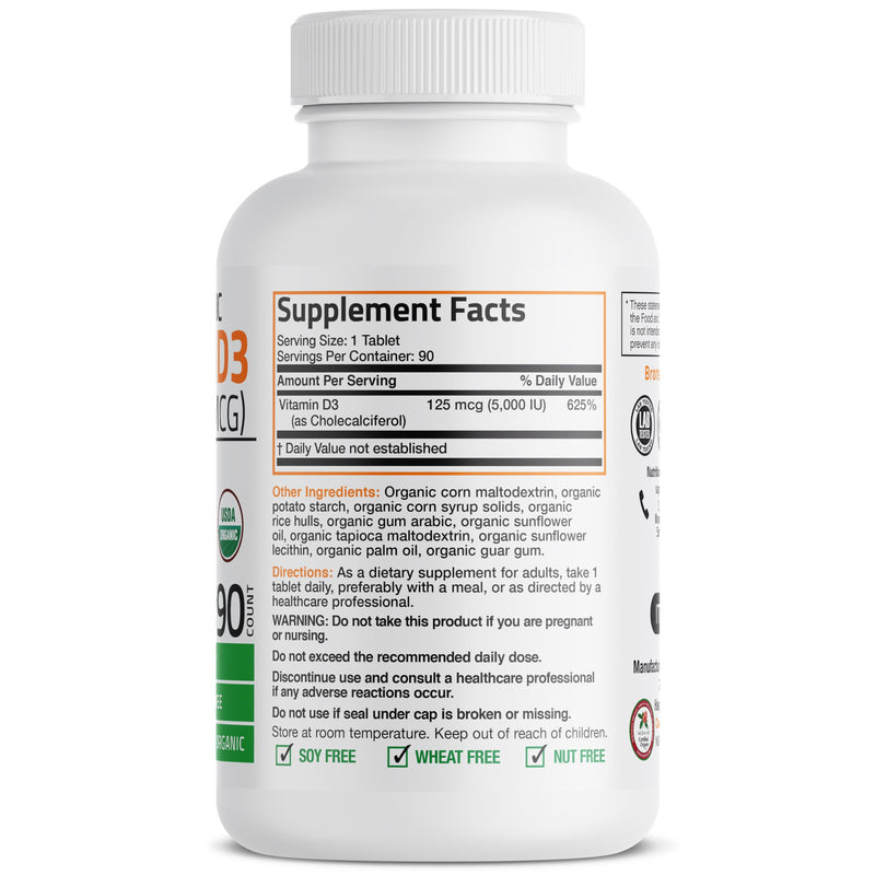 Bronson Vitamin D3 5,000 IU (125 mcg), USDA Certified Organic, 90 Tablets | Bone, Muscle, Immune & Nervous System Support, Non-GMO, Gluten-Free, Soy-Free, Wheat-Free & Nut-Free 90 Count (Pack of 1)