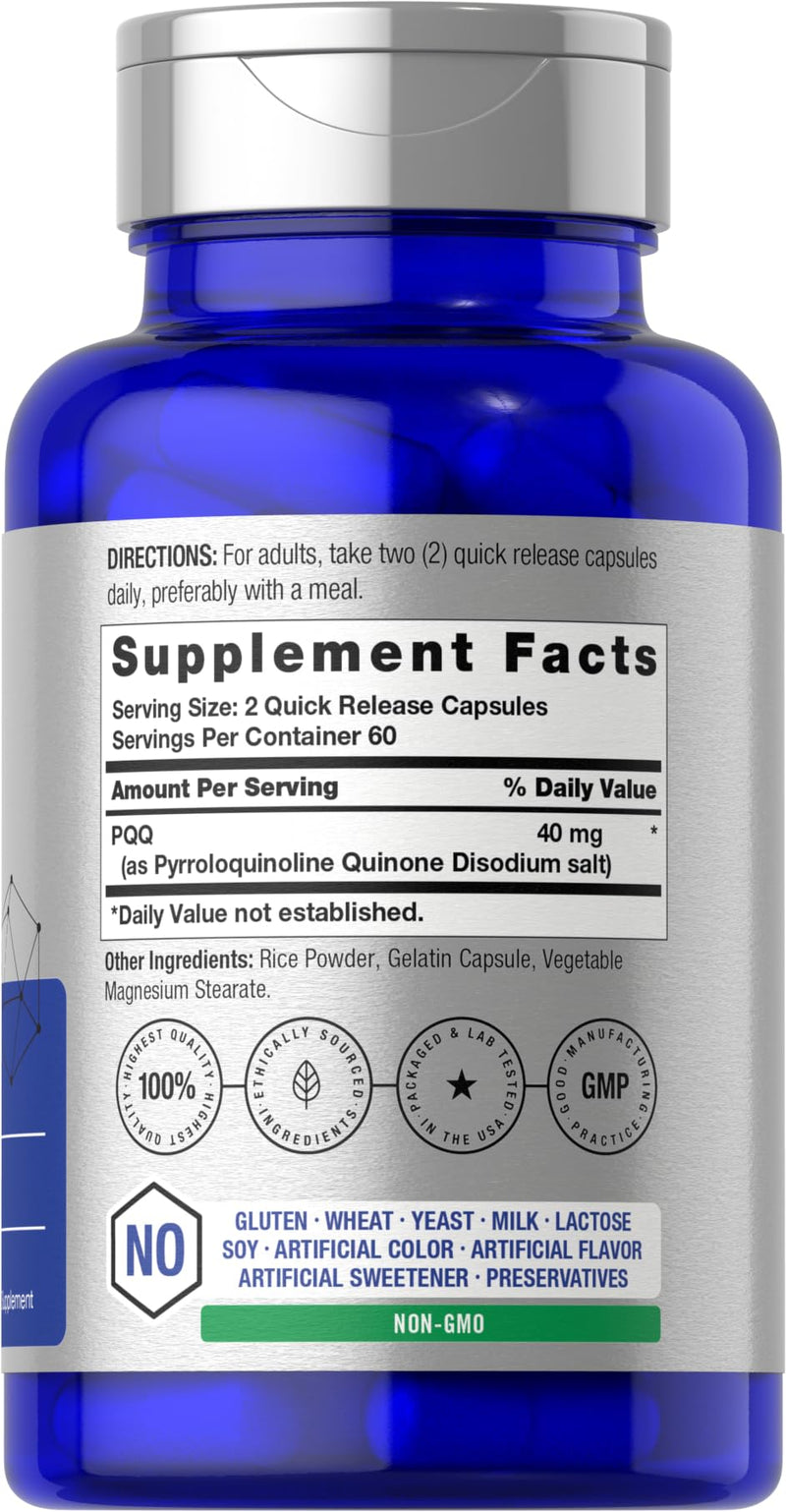 Horbäach PQQ Supplement 40 mg | 120 Capsules | Maximum Strength | Pyrroloquinoline Quinone Disodium Salt Supplement| Non-GMO and Gluten Free