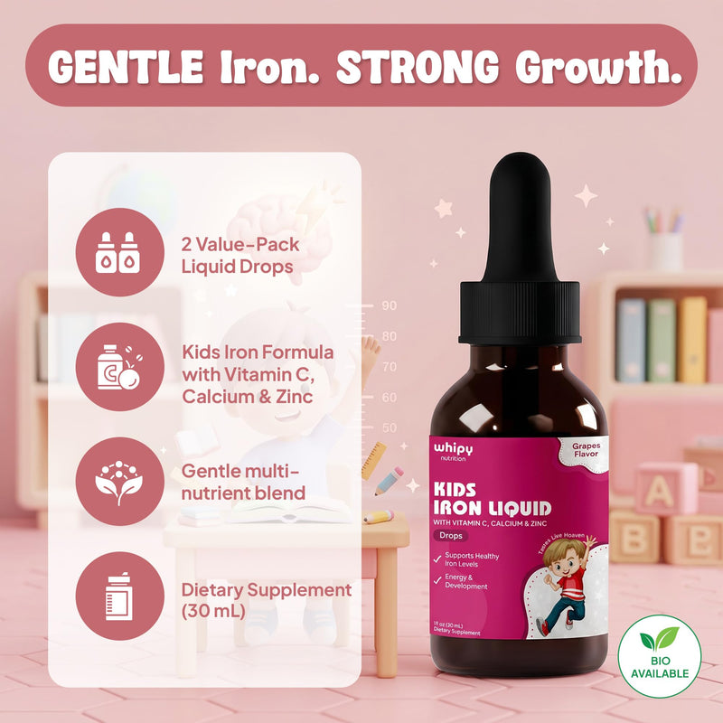 Kids Iron Supplement Liquid Drops for Children Ages 2 to 12, Iron Bisglycinate with Vitamin C, Calcium and Zinc, Liquid Iron for Kids Gentle on Stomach, Grape Flavor, 1fl oz