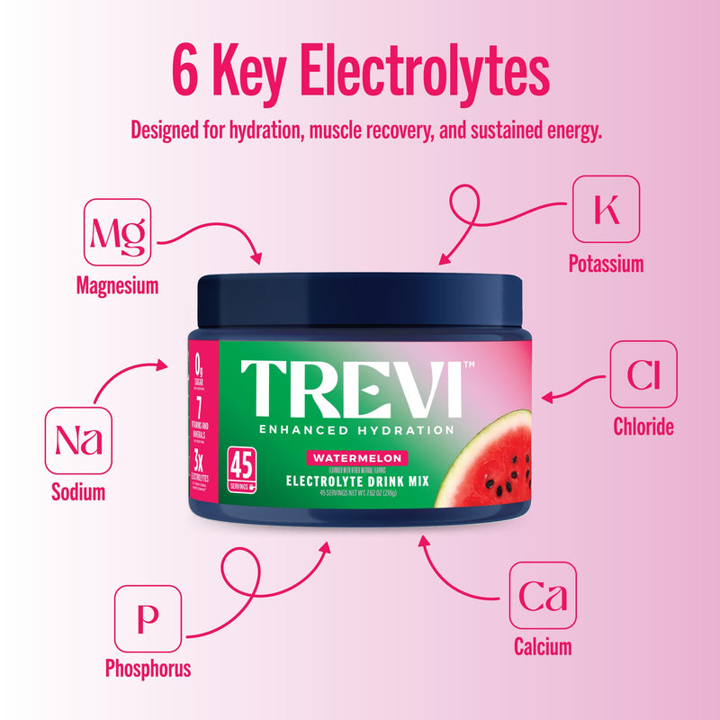 TREVI Electrolytes Powder, Sugar Free Hydration, Watermelon 45 Scoop Tub | Essential Daily Drink Mix, 0 Sugar, Magnesium, Potassium, Vitamin C, Calcium, B6 & B12 Vitamins 7.62 Ounce (Pack of 1)
