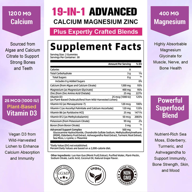 Totaria Sugar Free Calcium Magnesium Zinc Gummies for Women Men, 19-in-1 Ultimate Absorption Calcium 1200 mg Supplements with Vitamin D3 K2, Boron, B12, Ashwagandha, for Bone, Teeth, Calm, Vegan Grape 60 Count (Pack of 1)