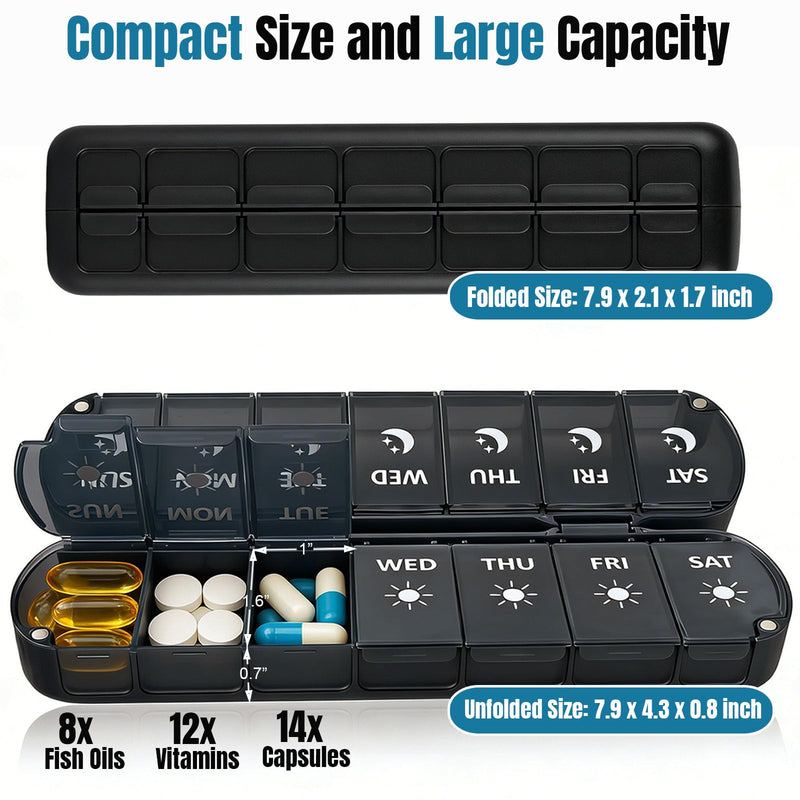 Weekly Pill Organizer 2 Times a Day, Magnetic Foldable AM PM Pill Box | Travel Medication Case, Dual Protection, Large Capacity, Can Hold Vitamins, Fish Oils, Supplements Black