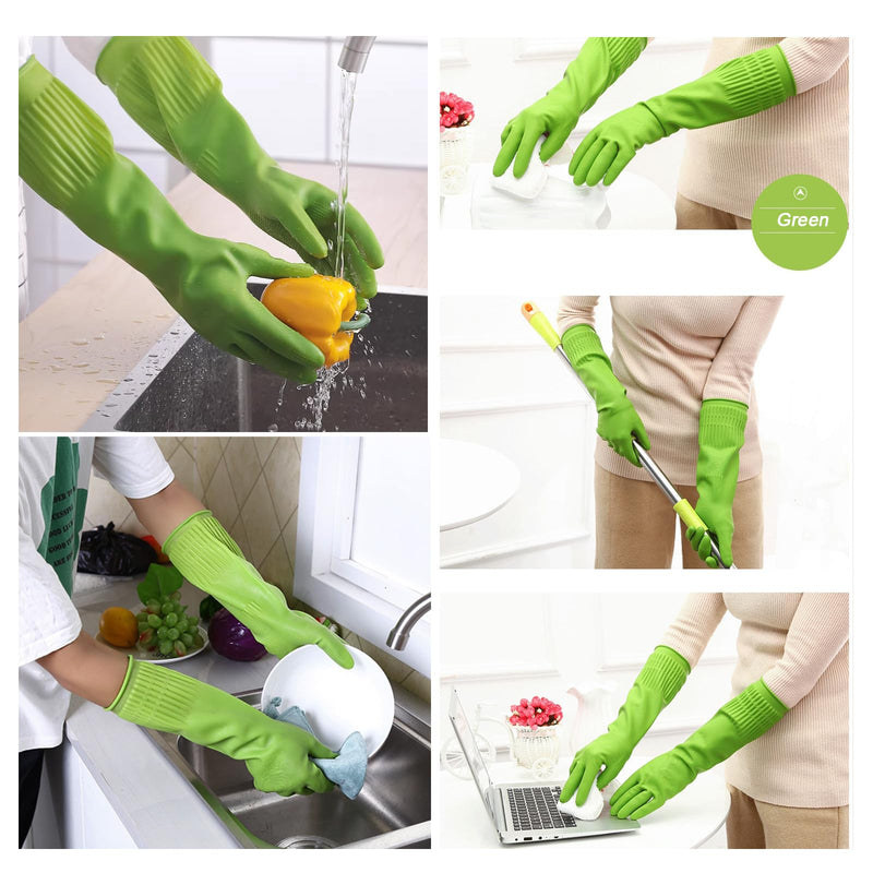 [Australia] - Bamllum 3 Pairs of Rubber Dishwashing Gloves for Kitchen and Household Cleaning – Long Cuff 15", Reusable, Flexible Long-lasting and Non-Slip (Red+Yellow+Green, Large) Red+yellow+green 