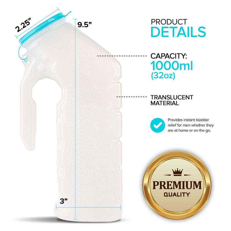 [Australia] - Male Urinal with Glow in The Dark Lid (2 Bottles) 32 Oz Urine Bottles for Men - Pee Bottles for Hospitals, Emergency and Travel Male 2.0 