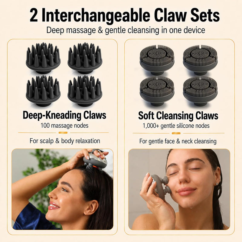 Melonsun Electric Scalp Massager, 2 Claw Sets, IPX7 Waterproof, Silver | Metallic Finish, Anti-Tangle 360° Kneading, 100 Nodes + 1,000+ Cleansing Tips, 3 Modes, USB-C Rechargeable, 15-Min Auto-Off