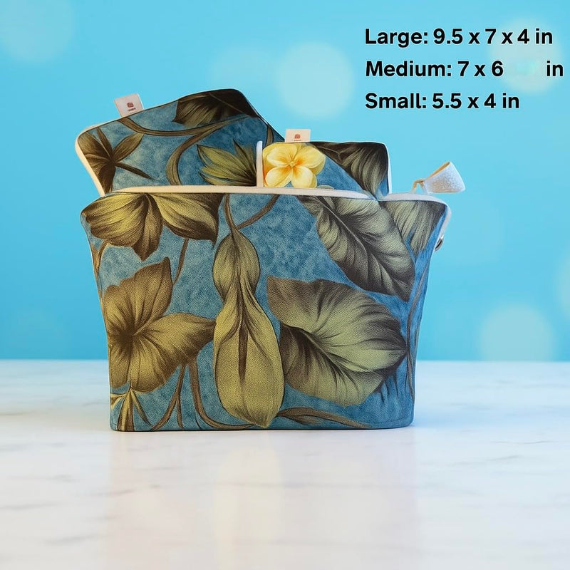 Handmade Canvas Cosmetic Bag Set of 3 with Natural Lining – Floral Pattern Makeup Organizer Pouches – Travel Toiletry Bags