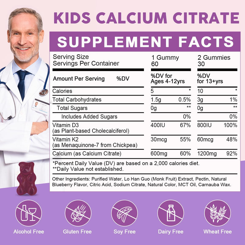 Calcium Citrate Gummies with Vitamin D3 for Kids & Adults, Sugar Free, 60Ct | WOGORGT - Kids Calcium Citrate 600mg Gummies Supplement with Vitamin D3, K2, Bone & Immune Support, Vegan, Blueberry Flavor 60 Count (Pack of 1)