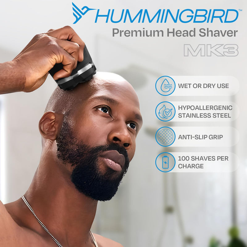 [Australia] - HUMMINGBIRD MK3 Head Shaver for Bald Men - Wet/Dry Electric Rotary Razor, Waterproof, Cordless USB-C Rechargeable Skull Shaver with Case 