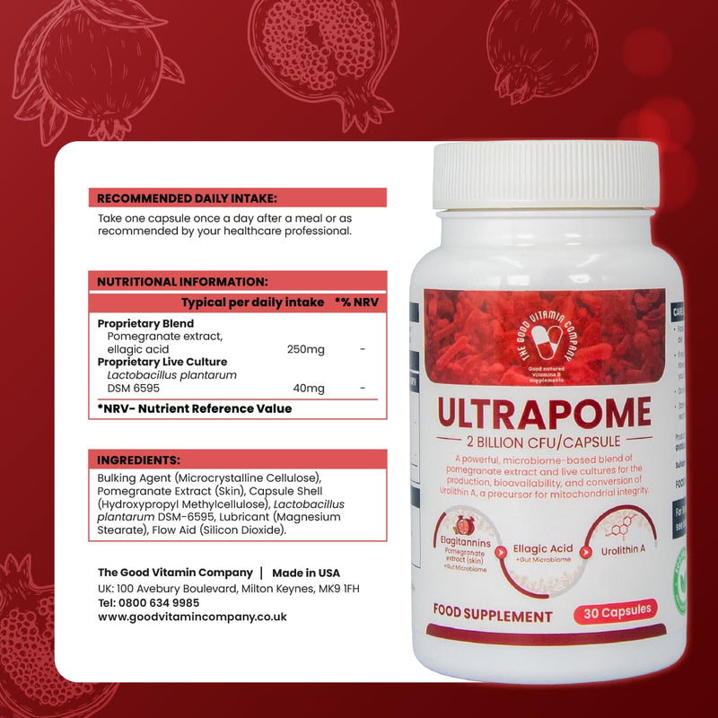 Ultrapome – Train Your Body to Produce Urolithin A Naturally. Gut Microbiome + Pomegranate Extract + Probiotics = Cellular Renewal & Mitochondrial Support. 30 Vegan Capsules