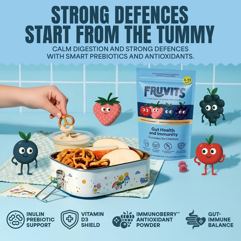 Kids Prebiotic Gummies – 1-a-Day, Sugar-Free – Gut Health & Immune Support with Inulin, Vitamin D3 & Immunoberry™ – Vegan, Allergen-Free – Blueberry Flavour – 30-Day Supply, Ages 4-13